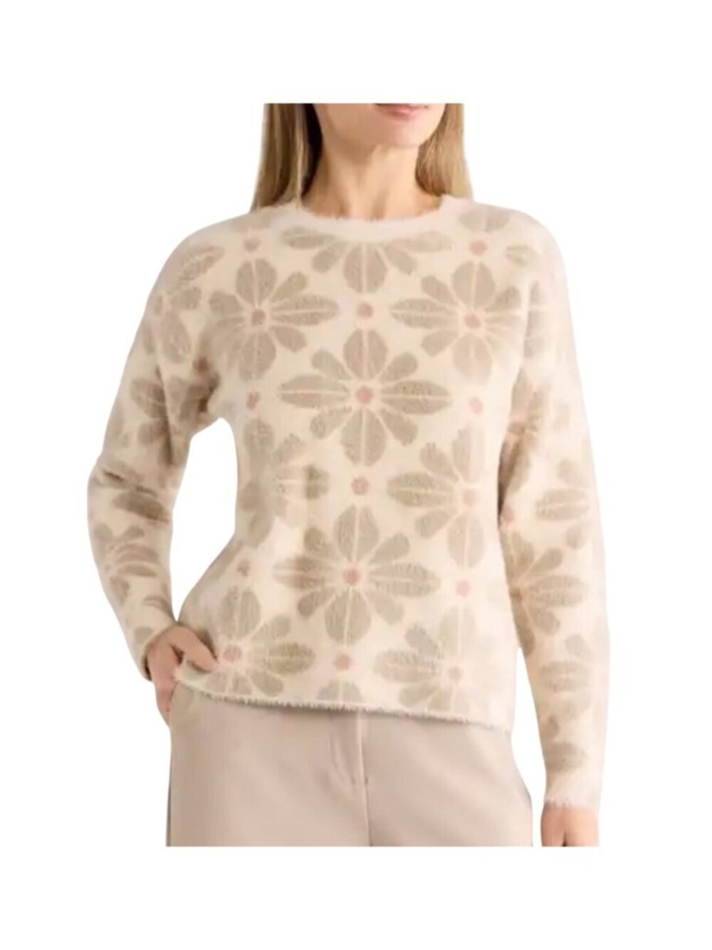 Cyrus Womens Floral Pattern Fuzzy Crewneck Sweater Beige gray Size M cozy fun